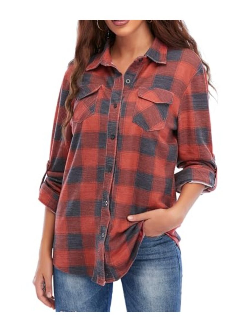 Women Cuffed Long Sleeve Boyfriend Button Down Plaid Flannel Shirt